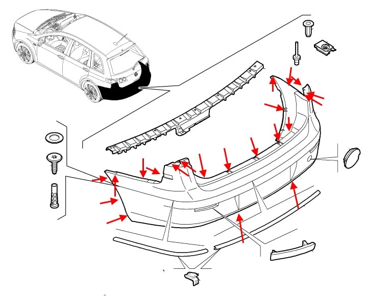 Diagrama de montaje del parachoques trasero Fiat Croma (2005-2011) 