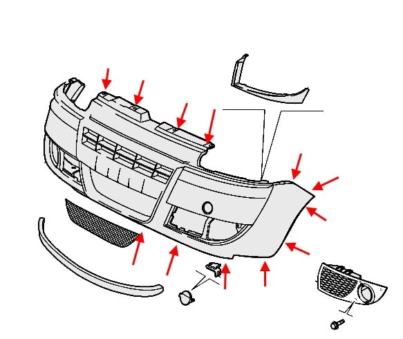 Diagrama de montaje del parachoques delantero del Fiat Doblo I (2005-2015)