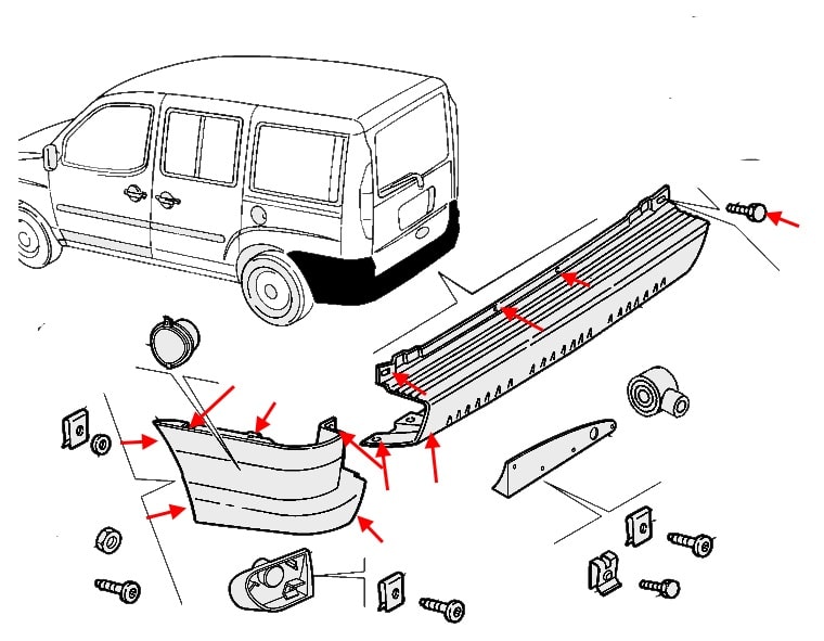 Diagrama de montaje del parachoques trasero del Fiat Doblo I (2005-2015)