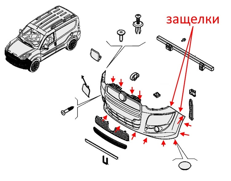 Схема крепления переднего бампера Fiat Doblo II (2010-2023)