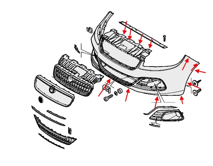 The scheme of fastening of the front bumper for Fiat Linea