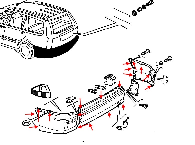 Diagrama de montaje del parachoques trasero del Fiat Marea