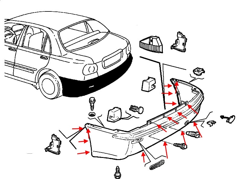 Diagrama de montaje del parachoques trasero del Fiat Marea