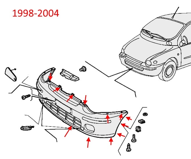 Diagrama de montaje del parachoques delantero Fiat Multipla 1998-2004