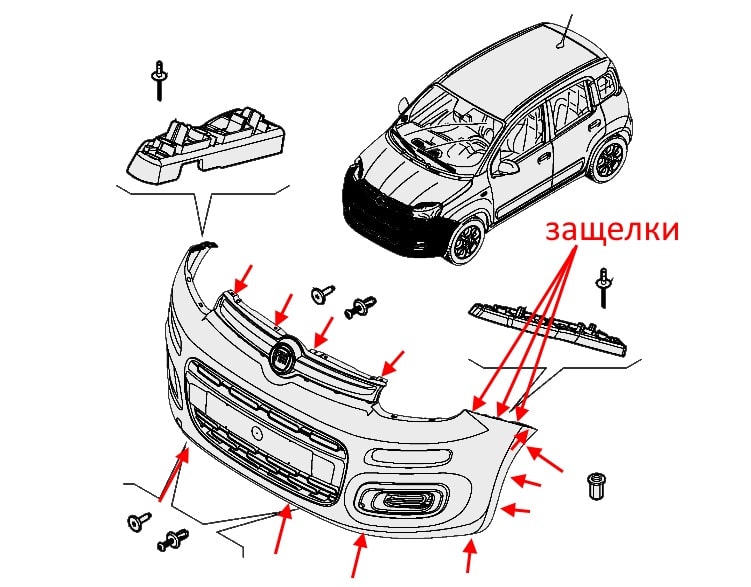 Schéma de fixation du pare-chocs avant de la Fiat Panda 3 (après 2012) 