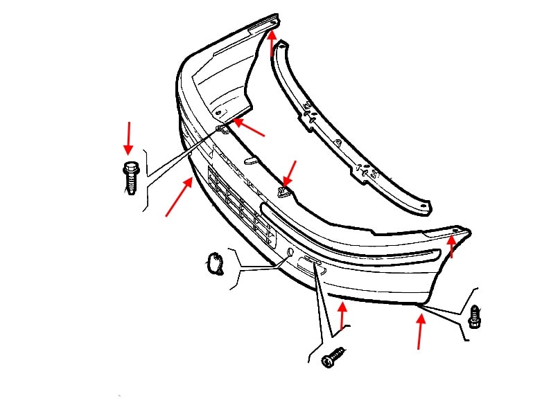 The scheme of fastening of the front bumper Fiat Punto 1 (1993-1999)