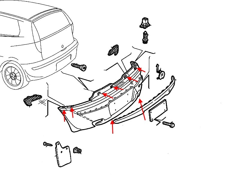 Montageschema für die hintere Stoßstange des Fiat Punto 2 (1999-2010) 