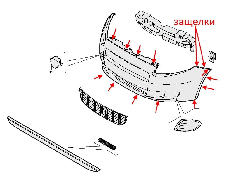 The scheme of fastening of the front bumper Fiat Punto 3 (2005-2018)