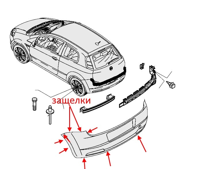 Diagrama de montaje del parachoques trasero del Fiat Punto 3 (2005-2018)