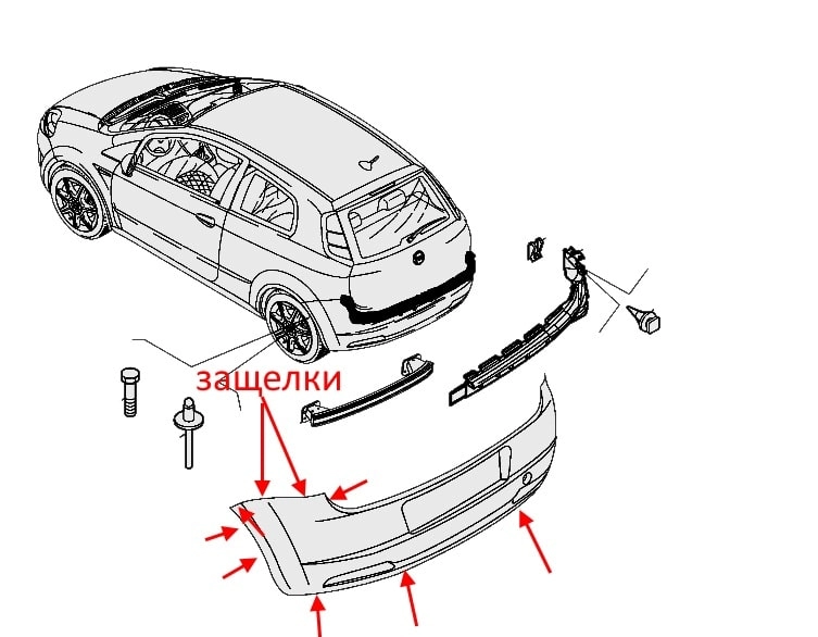 Montageschema für die hintere Stoßstange des Fiat Punto 3 (2005-2018)