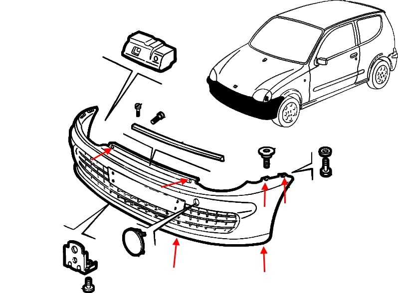Diagrama de montaje del parachoques delantero del Fiat Seicento