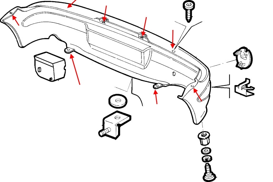 Diagrama de montaje del parachoques trasero del Fiat Seicento