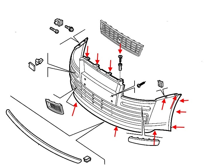 Diagrama de montaje del parachoques delantero del Fiat Stilo