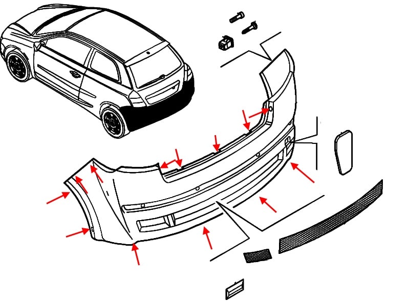 Schéma de montage du pare-chocs arrière Fiat Stilo