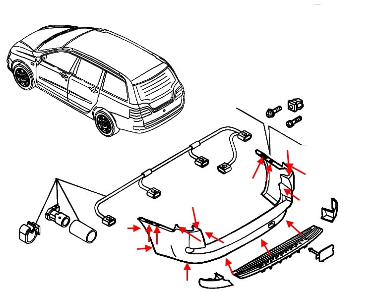 Diagrama de montaje del parachoques trasero del Fiat Stilo