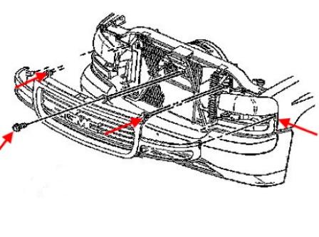 The scheme of fastening of the front bumper GMC Yukon (2000-2006)