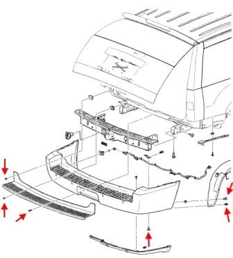 Schéma de montage du pare-chocs arrière GMC Yukon (2007-2014)