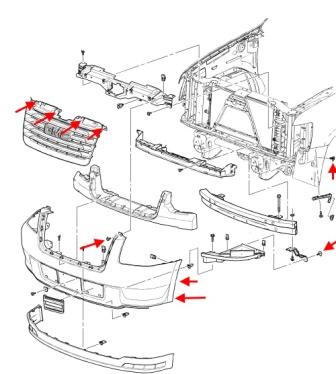Mounting scheme of the GMC Yukon front bumper (2007-2014)