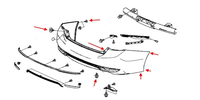 Montageschema der hinteren Stoßstange Honda Accord 9 (2012-2017)
