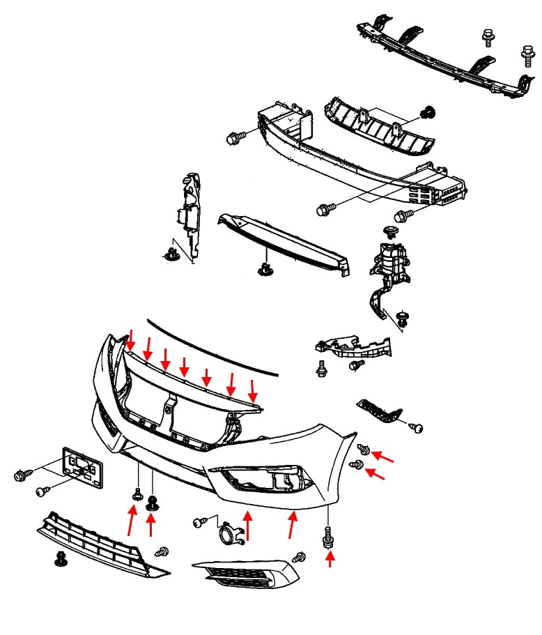 Esquema de montaje del parachoques delantero Honda Civic 10 (2015+)