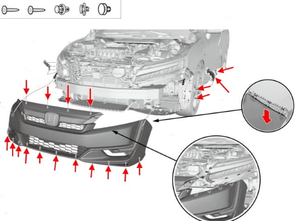 Schéma de montage du pare-chocs avant Honda Clarity