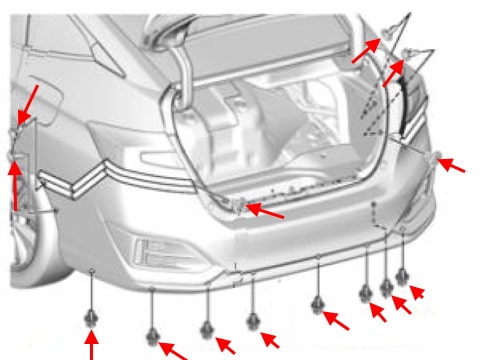 Diagrama de montaje del parachoques trasero Honda Clarity