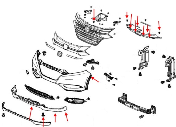 Схема крепления переднего бампера Honda HR-V (2015+)