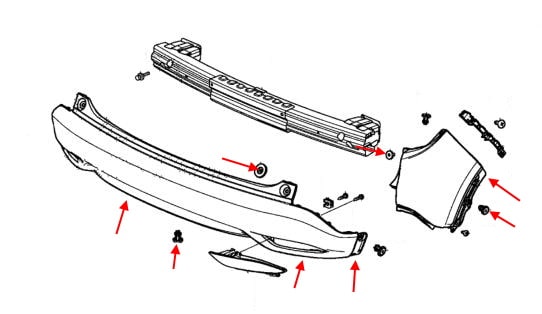 Diagrama de fijación del paragolpes trasero Honda HR-V (2015+)