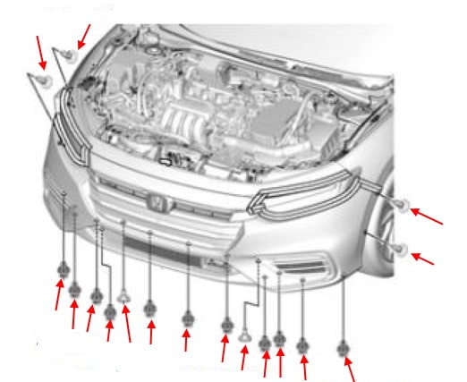 Схема крепления переднего бампера Honda Insight (2018+)