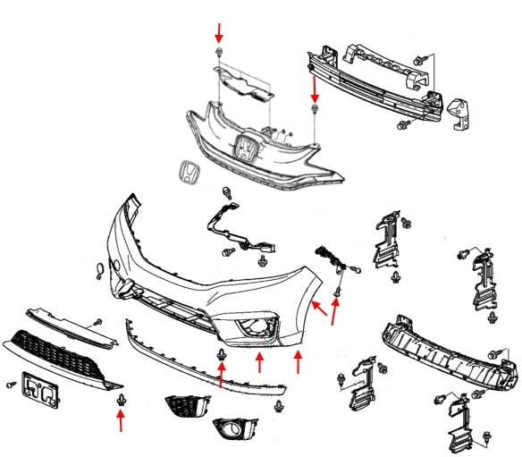Схема крепления переднего бампера Honda Fit/Jazz (2013-2020)