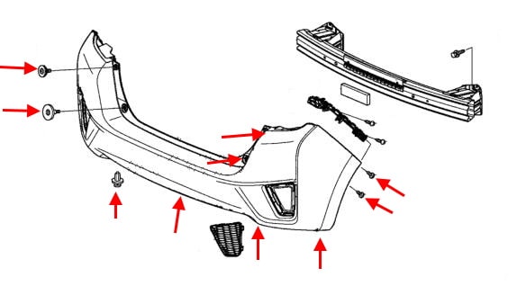 Diagrama de fijación del paragolpes trasero Honda Fit/Jazz (2013-2020)