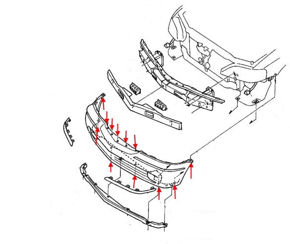 Diagrama de montaje del parachoques delantero Honda Legend (1996-2004)