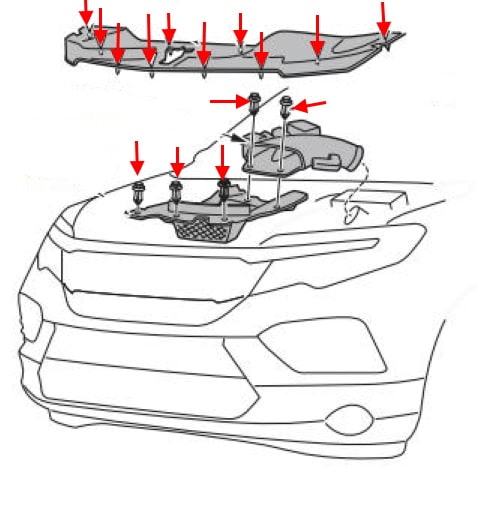 Diagrama de montaje del parachoques delantero Honda Passport (2018+)