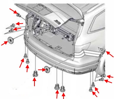 Diagrama de montaje del parachoques trasero Honda Pilot (2016-2021)