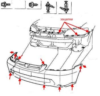 the scheme of fastening of the front bumper Honda Accord 6 (1998-2002)