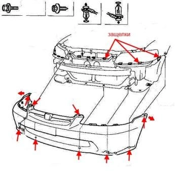 Diagrama de fijación del parachoques delantero del Honda Accord 6 (1998-2002)