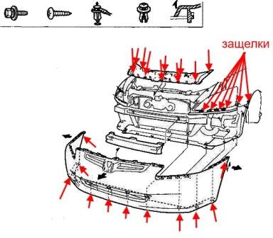 the scheme of fastening of a forward bumper for Honda Accord 7 (2002-2008)