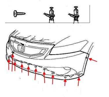 Schéma de fixation du pare-chocs avant Honda Accord 8 (après 2008)