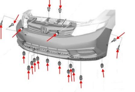 scheme of fastening of front bumper Honda Civic 9 (2011-2015)