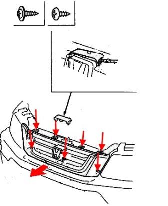 схема крепления решетки радиатора Honda CR-V 1 (1995-2001)