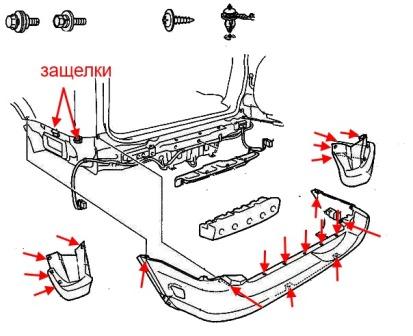 diagrama de montaje del parachoques trasero Honda CR-V 1 (1995-2001)