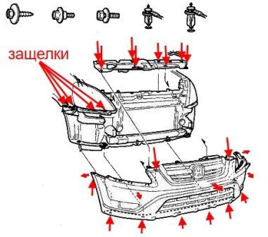 Schéma de montage du pare-chocs avant Honda CR-V 2 (2002-2006)