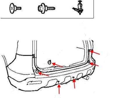 diagrama de montaje del parachoques trasero Honda CR-V 3 (2007-2011)