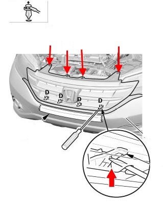 Schéma de montage du pare-chocs avant Honda CR-V 4 (2012-2016)