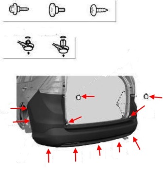 diagrama de montaje del parachoques trasero Honda CR-V 4 (2012-2016)