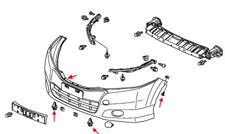 Schéma de fixation du pare-chocs avant Honda City (2008-2014)
