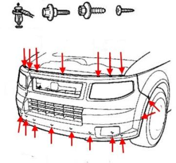 scheme of fastening of front bumper Honda Element