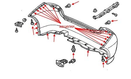 diagrama de montaje del parachoques trasero Honda Fit / Jazz (2001-2007)