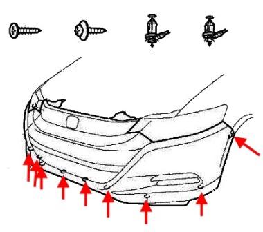 Schéma de fixation du pare-chocs avant Honda Insight (après 2009)