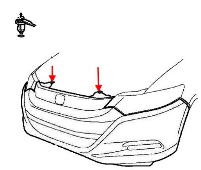 Diagrama de fijación del parachoques delantero Honda Insight (después de 2009)